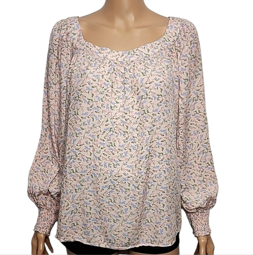 AURA Women's Floral Blouse Pink Long‎ Sleeve 100% Rayon Size L Large